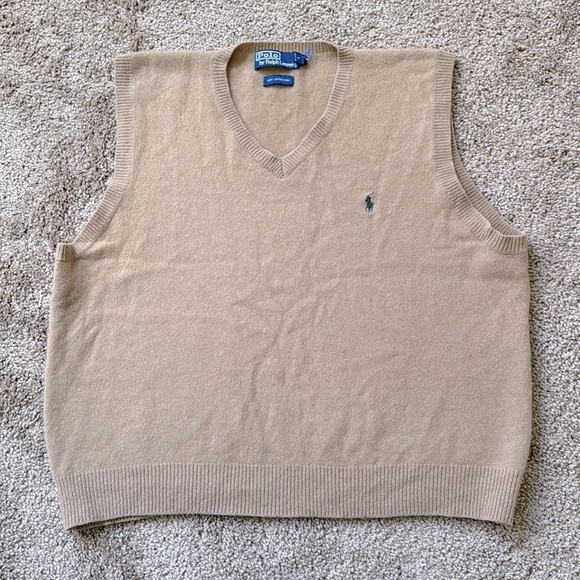 Polo Ralph Lauren Vintage Tan V Neck Green Pony Logo Lambswool Sweater Vest - Picture 2 of 9